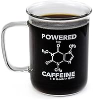 Premium Laboratory Beaker Mug - Powered By Caffeine - Borosilicate Glass 14 oz Capacity - Caffeine Molecule on Front and Funny Graduation Scale on Back