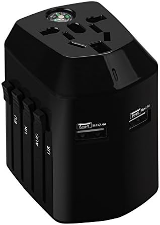 Worldwide Travel Adapter,Wahom International Travel Plugs Wall Charger with Dual USB Charging Ports and Compass for Over 150 Countries (EU/US/UK/AUS) (Black)