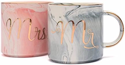 Tergi Mr and Mrs Coffee Mugs Set - Gift for Bridal Shower Engagement Wedding and Married Couples - Unique Wedding Gift for Bride and Groom - Ceramic Marble Cups 11.5 oz