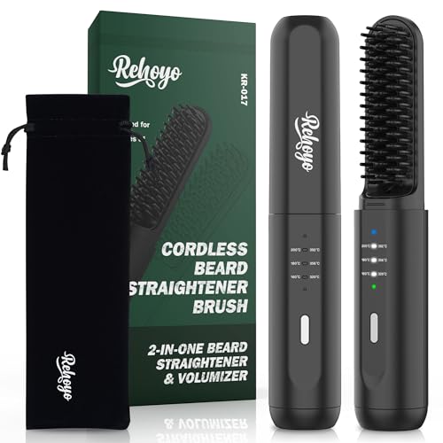 Beard Straightener Brush, REHOYO Cordless Straightening Comb with Different 3 Temperature, Rechargeable Anti-Scald and Auto-Off of Portable Salon for All Type