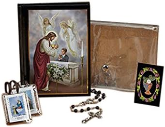 First Communion Gift Set with Mass Book Scapular Rosary Lapel Pin and Wallet, Boy