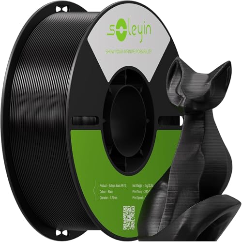 Creality Filamento Soleyin Basic PETG 1,75mm para Impressora 3D, Velocidade de 200mm/s, Impressão fluida sem entupimentos, Bobina de 1kg (2,2lb) para A Maioria das Impressoras 3D FDM (Preto)