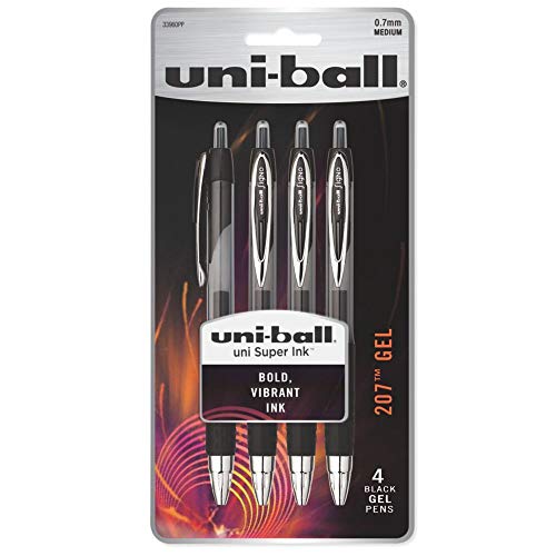 uni-ball Signo Gel 207 Retractable Gel Pens, Medium Point, 0.7 mm, Clear Barrels, Black Ink, Pack of 4