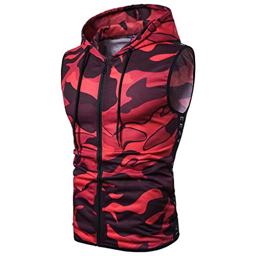 Gym Hoodie Men Bodybuilding Stringer Tank Top Camouflage Sleeveless Shirt Full Zipper (XXXL, Red) - Thumbnail 2