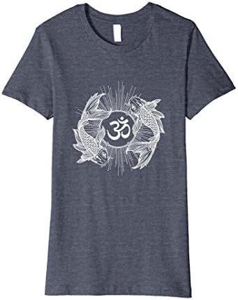 Womens Buddhism T-Shirt: Om Spiritual Symbol &amp; Exotic Gold Fishes Small Heather Blue