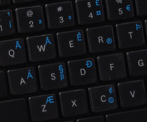 ENGLISH US INTERNATIONAL KEYBOARD LABELS ON TRANSPARENT BACKGROUND WITH BLUE LETTERING (14X14)