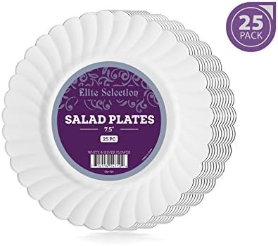 Elite Selection Disposable Party Plastic Plates 25 Pack (White w / Silver Scallop, 7.5")