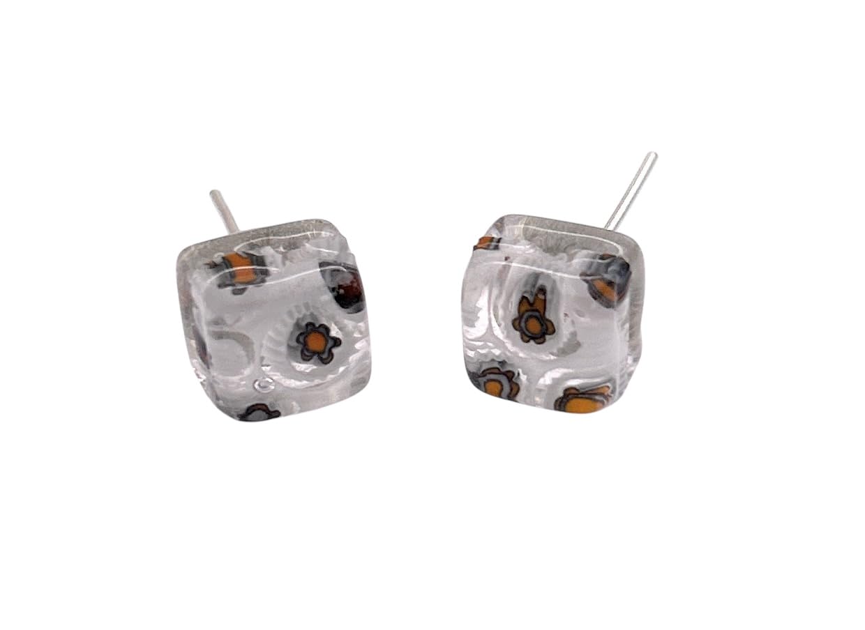 Handmade Murano Glass Earrings, Murano Glass Jewellery from Venice Italy, Silver Plated Millefiori Glass Stud Earrings, Dainty 0.8cm/8mm