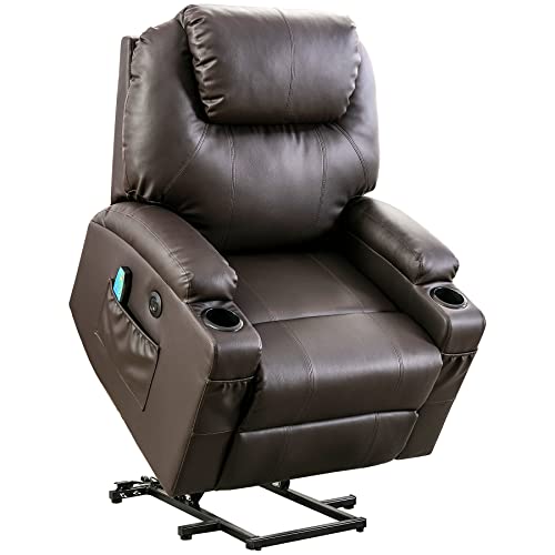 Oyerol Power Lift Recliner Chair with Heat and Vibration Massage for Elderly, Leather Electric Recliner Lift Chair for Living Room with USB Port, Cup Holders and 4 Pockets-Brown