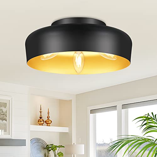 VerRon 3-Light Flush Mount Ceiling Light Fixture, 11in, Black and Gold, Farmhouse Hallway Lighting Fixture, Semi Flush Mount, E12 Base