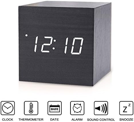 Copoluck Wooden Cube Digital LED Alarm Clock Sound Control Small Square Desk Clock Date Time and Temperature Displaying, Bedside Click Clock for Home Office Kids (White Light)