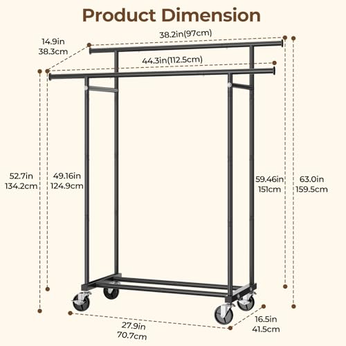 HYSEYY Double Rods Clothing Rack, Rolling Clothes Rack, Metal Garment Rack with 4 Lockable Wheels & Storage Shelf, Sturdy Coat Rack for Bedroom, Laundry, Living Room - 160H x 113W x 42D cm (Black)