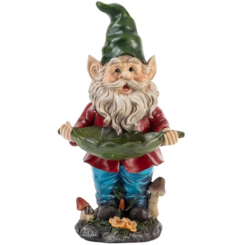 Alpine Corporation 16" Tall Outdoor Garden Gnome and Bird Feeder Yard Statue De…