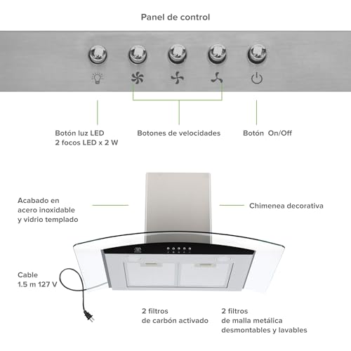 AVERA Campana de cocina 76 cm de pared, 3 velocidades, Luz LED, Filtro de carbón activado, Filtro de malla metálica lavable, Acero inoxidable y vidrio templado, Diseño curvo | CEV60C