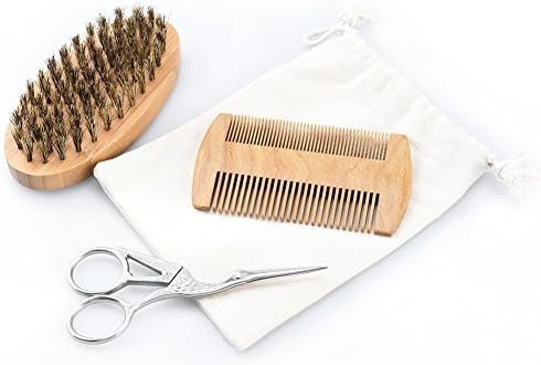 Pretty See Boar Bristle Beard Brush and Beard Trimming Scissors Set Beard Grooming and Trimming Kit Sandalwood Beard Comb with Carrying Bag and Gift Box, 3 in 1
