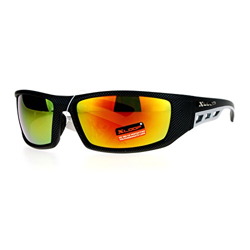 Xloop Mens Sunglasses Sporty Wrap Rectangular Matte Black Silver, Orange Mirror