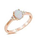 Blue Apple Co. 925 Sterling Silver Oval Cut Created White Opal Ring Rose Tone Rhodium Plated Round Clear CZ