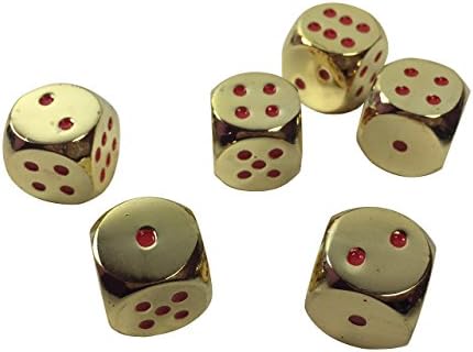 Set of 6 Solid Zinc Alloy Metal Dice (16mm) D6 (gold color with red pips)