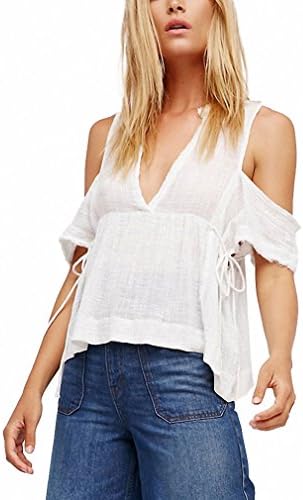 Summer Sexy Cold Shoulder Women Blouse Lace Up Brief Preppy Top Shirt Deep V-Neck Casual Loose Female Blouse White S
