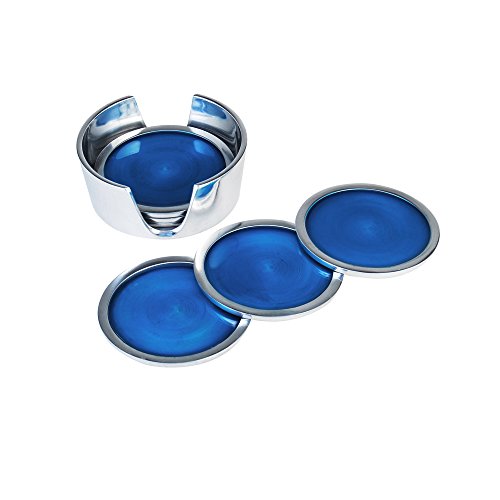 Kosma set of 6 recycled aluminium coasters with holder in a Teal colour enamel finish - 9cm x 9 cm x 3cm