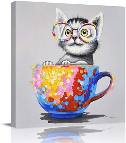 Painting Canvas Wall Art Cat in Colored Teacup Giclee Artwork Modern Framed Prints Ready to Hang Wall Paintings for Living Room Bedroom Kitchen Home Decorations 12x12inch