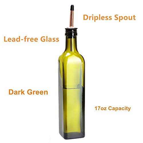 17oz Glass Olive Oil Bottle Set - 500ml Dark Green Oil & Vinegar Cruet with Pourers and Funnel - Olive Oil Carafe Decanter for Kitchen (1 Pack)