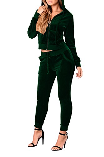 Linsery Women's Winter Velour Zipper Hooded Jacket Jogger Pants 2 Piece Sweatsuit M Green - Thumbnail 3