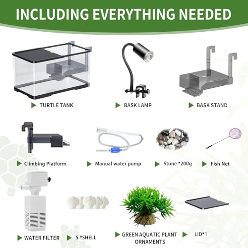 Homodoskey Acrylic Fish Aquarium Ultra Clear, Turtle Tank Starter Kit with Light & Filter, Innovative Bottom Drainage, Desktop Mini Habitat - Multi-Function Areas for Crabs & Small Reptiles (Size L)