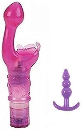 Pink Power Butterfly Rabbit Vibe Stimulator Kiss Women G Spotter Toy and Purple Anal Plug Toy
