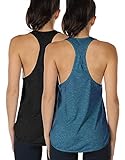 icyzone Workout Tank Tops for Women - Athletic Yoga Tops, Racerback Running Tank Top (S, Black/Denim)