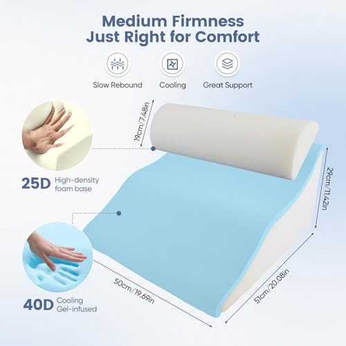 Strixorn Reading Pillow for Bed and Sofa, Curved Wedge Pillow with Memory Foam, Ergonomic Backrest, Reflux Pillow, Washable Case, Reflux Pillow for Adults, 50x50x30cm