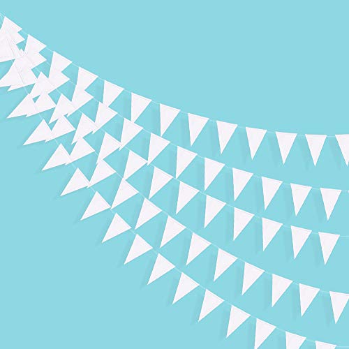 40 Ft White Triangle Flags Banner Double Sided Pearly White Paper Pennant Bunting Garland for Wedding Baby Bridal Shower Birthday Bachelorette Engagement Anniversary Hen Party Decorations Supplies