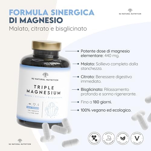 Triple Magnesio 2640 mg. Integratore Magnesio Bisglicinato + Magnesio Citrato + Magnesio Malato - Riposo, Energia, Ossa e Muscoli - Antistress - 440mg Elementare - 180 Compresse - N2 Natural Nutrition