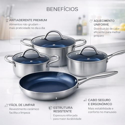 Conjunto de Panelas Antiaderente com Revestimento Cerâmico, Cabo Bifurcado Ergonômico, Fácil de Limpar, Inclui Caçarolas 2,2L e 1,7L, Panela 1,2L e Frigideira 900ml, 4 Peças