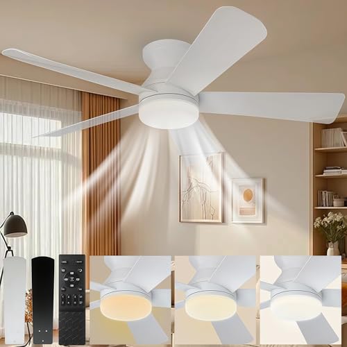 Ventilador de Techo con Luz de 42 Inch/107cm, Montaje Empotrado con Control Remoto, Silencioso de 5 Aspas, 3cct+6 Velocidades, Motor Reversible, Blanco