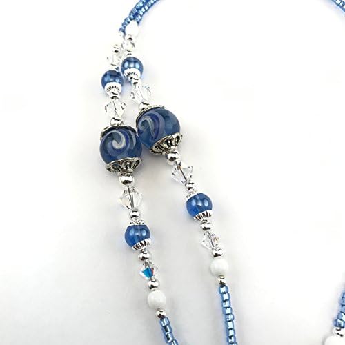 Beaded Eyeglass Chain Holder-Blue &amp; White Swirl~Swarovski Crystal