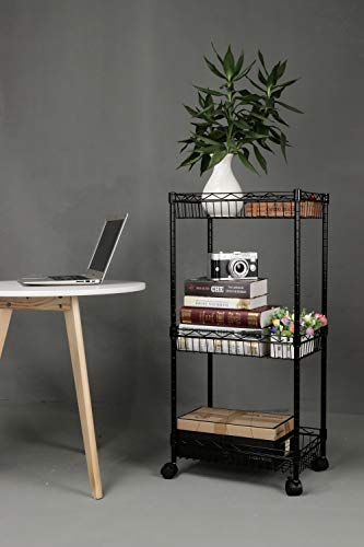 YOHKOH 3-Tier Metal Rolling Utility Cart, Storage Trolley Cart with Mesh Baskets and Lockable Wheels Adjustable Shelves for Bathroom Kitchen Office Black