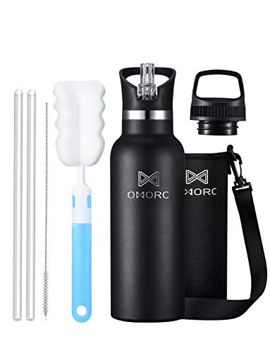 OMORC 316 Stainless Steel Water Bottle-18 oz, Vacuum Insulated Flask Bottle, Leak-proof Thermos Bottle with Straw Lid, Loop Lid,Carrying Pouch for Boys, Girls, Teens, Students, School,Sports, Camping