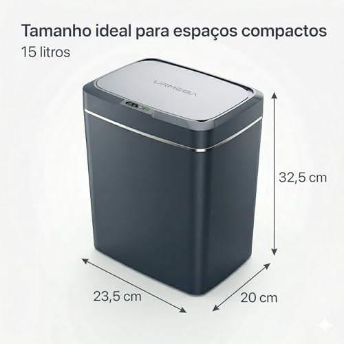 Lixeira Automática com sensor, Lixeira inteligente, inteligente com sensor, grande, 15 litros, Lixeira sem Contato para Sala de Estar, Cozinha, Banheiro, Escritório, Quarto, comerciais, (cinza)
