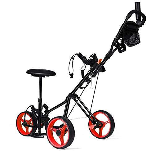Red 3-Wheel Foldable Push Pull Club Trolley Golf Cart Bag Scoreboard w/Seat with Ebook - Thumbnail 2