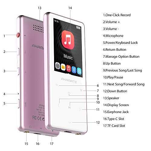 MP3 Player, 16GB Player with Bluetooth 4.2, Music Player with FM Radio, One Click Recording, 2.4" Screen, Built-in Speaker, HiFi Lossless Sound, Support up to 128GB(Earphone, Sport Armband)