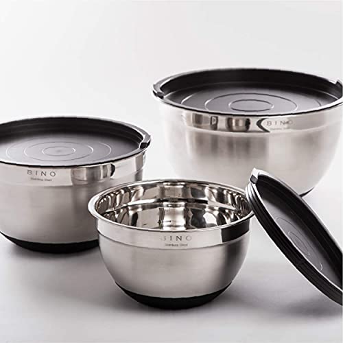 BINO 3Piece Stainless Steel Mixing Bowl Set with Lids, Black