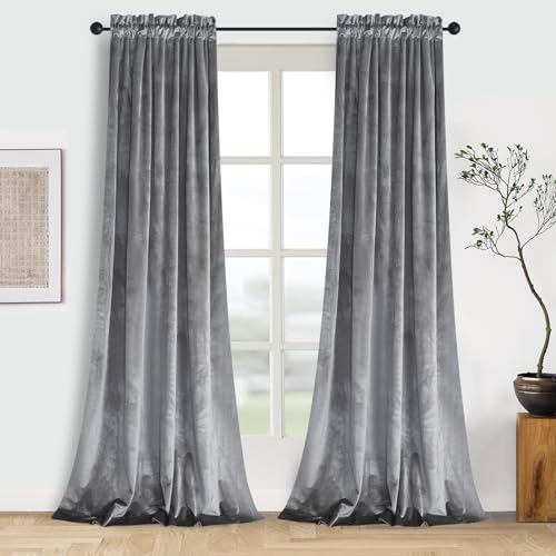 Roslynwood Home Living Room Block Light Sliver Velvet Curtains - Sound Reducing Heavy Matt Solid Rod Pocket Drapes/ 52Wx63L Silver, 2 Panels