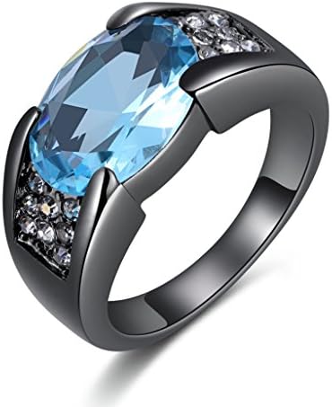 Huanhuan Men's Solitaire Oval Cut Blue Aquamarine Cubic Zirconia Black Gold Plated Engagement Rings Size 9