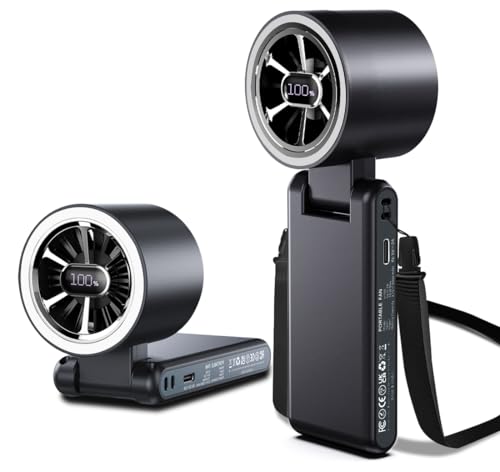 CAZOKASI Rechargeable Strong Wind Handheld Fan With Ambient Lighting 4 IN1 5000mAh Upto 22H For Desktop Waist Clip Neck (StrongWind/Black)