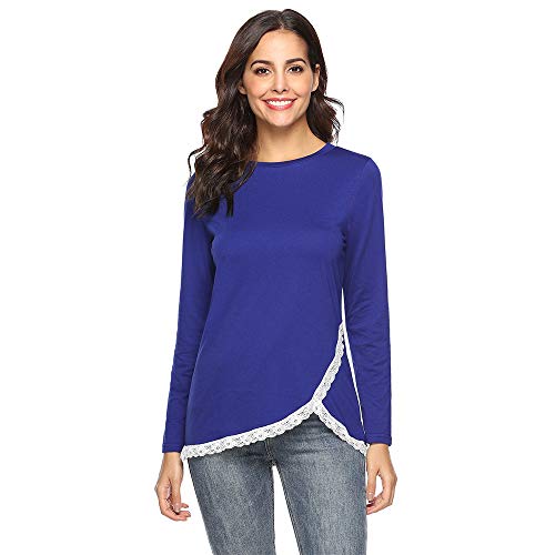Keliay Bargain Fashion Women O-Neck Long Sleeve Regular Lace Asymmetric T-Shirt Tops Blouse
