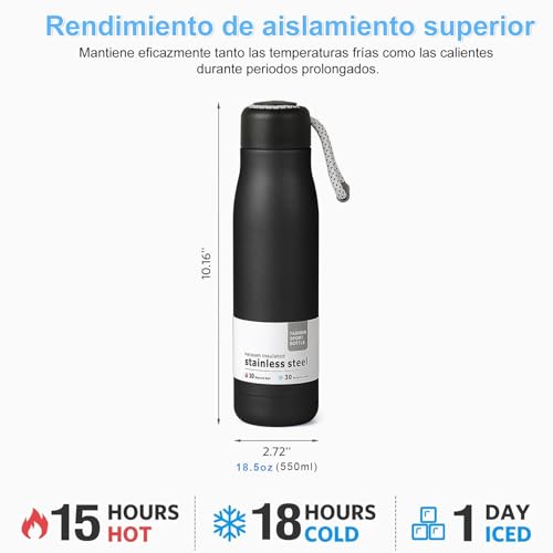 Termo de Acero Inoxidable 550ml, Doble Aislamiento Térmico 24h Frío/12h Caliente, Botella de Agua sin BPA, Ideal para Viajes, Deportes, Escuela, Diseño Portátil con Asa,senderismo Water (negro)