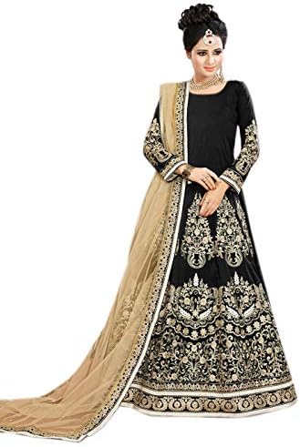Monika Silk Mill Women's Taffeta Silk Ceremony Wear Embroidered Semi-Stitched Gown_Black FreeSize