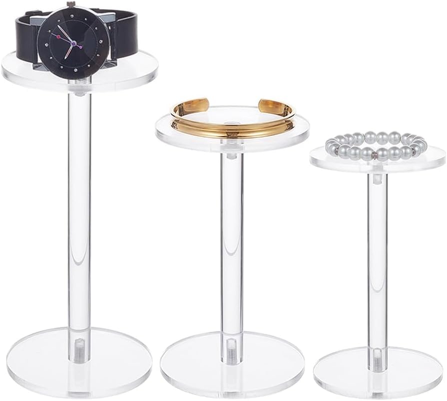 NBEADS 3 Pcs Acrylic Round Barbell Pedestal Display, 3 Sizes Clear T-Shape Display Pedestal Riser Stands for Watch Necklace Bracelet Jewelry Photography Display