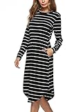 ReachMe Womens Casual Long Sleeve Striped Knee Length Dress With Side Pocket(Black & White,XL)